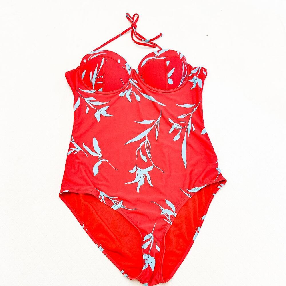J. Crew Plaid Red Floral Patterned One Piece Bathing Swimsuit Red Blue Size M